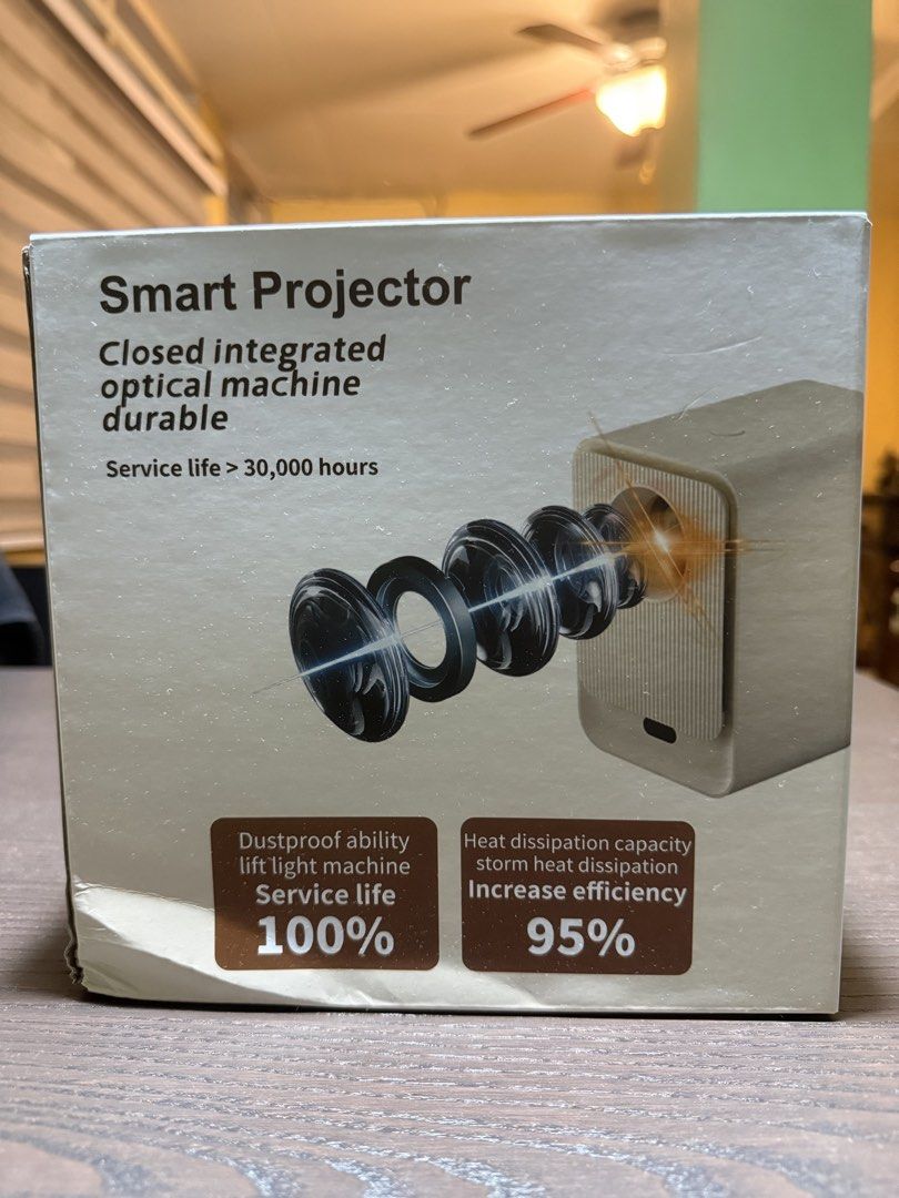 Smart Projector Closed Integrated Optical Machine (Category: Projectors) located in Manila. Submitted by trashy13 (Listing ID 1464802734, Image 1). Description: - Smart projector in original packaging - Closed integrated optical machine design - 100 percent dustproof performance - High efficiency heat dissipation - Long service life of over 30,000 hours - Compact and sleek rectangular unit.