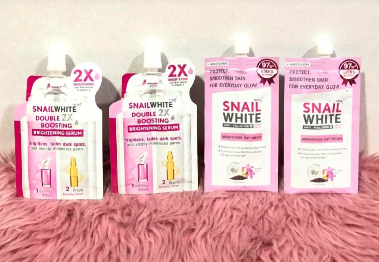 Snail White Skin Care (Set 3) (Category: Face Care) located in Manila. Submitted by memorylanestore (Listing ID 1464796069, Image 1). Description: ● Snail white Anti Polution SPF 30 PA+++, Brightening Day Cream , Protect, Smoothen Skin for everyday glow, 97% Users Satisfied (7ml).2pcs ● Snail White Brightening Serum Double 2X Boosting, Brightens, fades dark spots, and visibly minimizes pores, 2X Brightening with Niacinamide & Vitamin C (4ml + 4ml