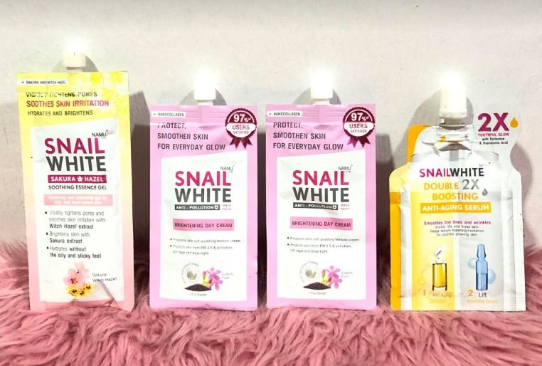 Snail White Skin Care (Set 4) (Category: Face Care) located in Manila. Submitted by memorylanestore (Listing ID 1464797074, Image 1). Description: ● Snail White Soothing and Hydrating get for oily and acne-prone skin, Visibly Tightens Pores SOOTHES SKIN IRRITATION Hydrates and Brightens (20ml). 1pcs ● Snail white Anti Polution SPF 30 PA+++, Brightening Day Cream , Protect, Smoothen Skin for everyday glow, 97% Users Satisfied (7ml) 2pcs ● Snail Wh