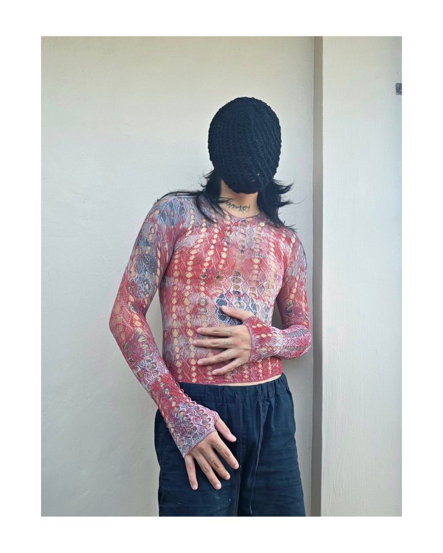 Snakeskin knitted longsleeves (Category: Longsleeves) located in Caloocan City. Submitted by wearystudios (Listing ID 1464874310, Image 2). Description: "SNAKESKIN" LONGSLEEVES One size fits most Base garment from @hooshout_ Paint washed in black and red 2pcs only.