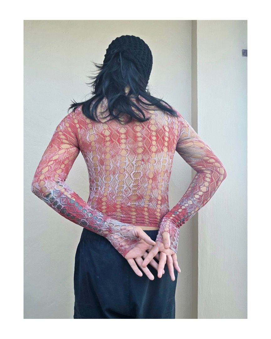 Snakeskin knitted longsleeves (Category: Longsleeves) located in Caloocan City. Submitted by wearystudios (Listing ID 1464874310, Image 3). Description: "SNAKESKIN" LONGSLEEVES One size fits most Base garment from @hooshout_ Paint washed in black and red 2pcs only.