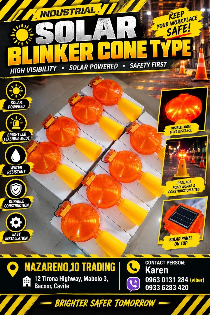 SOLAR BLINKER LIGHT CONE TYPE (Category: Looking For) located in Bacoor. Submitted by kajezame.2021 (Listing ID 1464812284, Image 1). Description: SOLAR BLINKER LIGHT CONE TYPE For More Details and Discount Contact Ms. Karen NAZARENO 10 TRADING 0963 0131 284 0933 6283 420 0956 7028 557 0933 8559 510 Landline: Look for Ms. Karen (046 ) 416 3920 Also available: • Traffic cone • Parking Block stopper • Hooded trash bin • Road Plastic Barrier • Spill