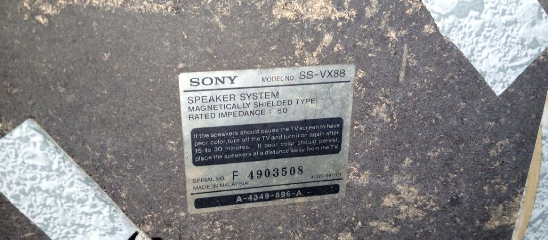 Sony SS-VX88 Speaker System (Category: Soundbars, Speakers & Amplifiers) located in Manila. Submitted by jojo.welter (Listing ID 1464905692, Image 2). Description: - Model: Sony SS-VX88 Speaker System - Impedance: Rated 6 ohms, magnetically shielded - Serial Number: F 4903508 - Condition: Tested and working fine; shows heavy dust, scuffs, and wear on the body and grilles due to long-term storage and use - Perfect for budget audio setups or vintag