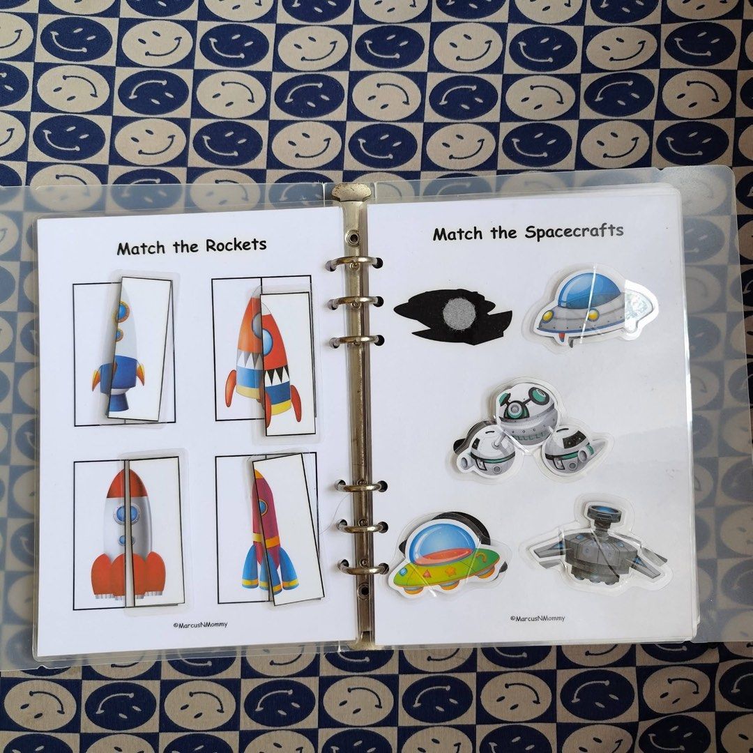 Space Busy Book Activity Binder (Category: Children's Books) located in Baao. Submitted by elis.closet (Listing ID 1464800144, Image 3). Description: Fletcher Eli Outer Space Busy Book (Outer Space) Used and in good overall condition. Please note that this copy has a few missing pieces (some planet name labels and shape match pieces are missing), but all laminated pages, the ring binder, and the remaining interactive pieces are intact. Features: 