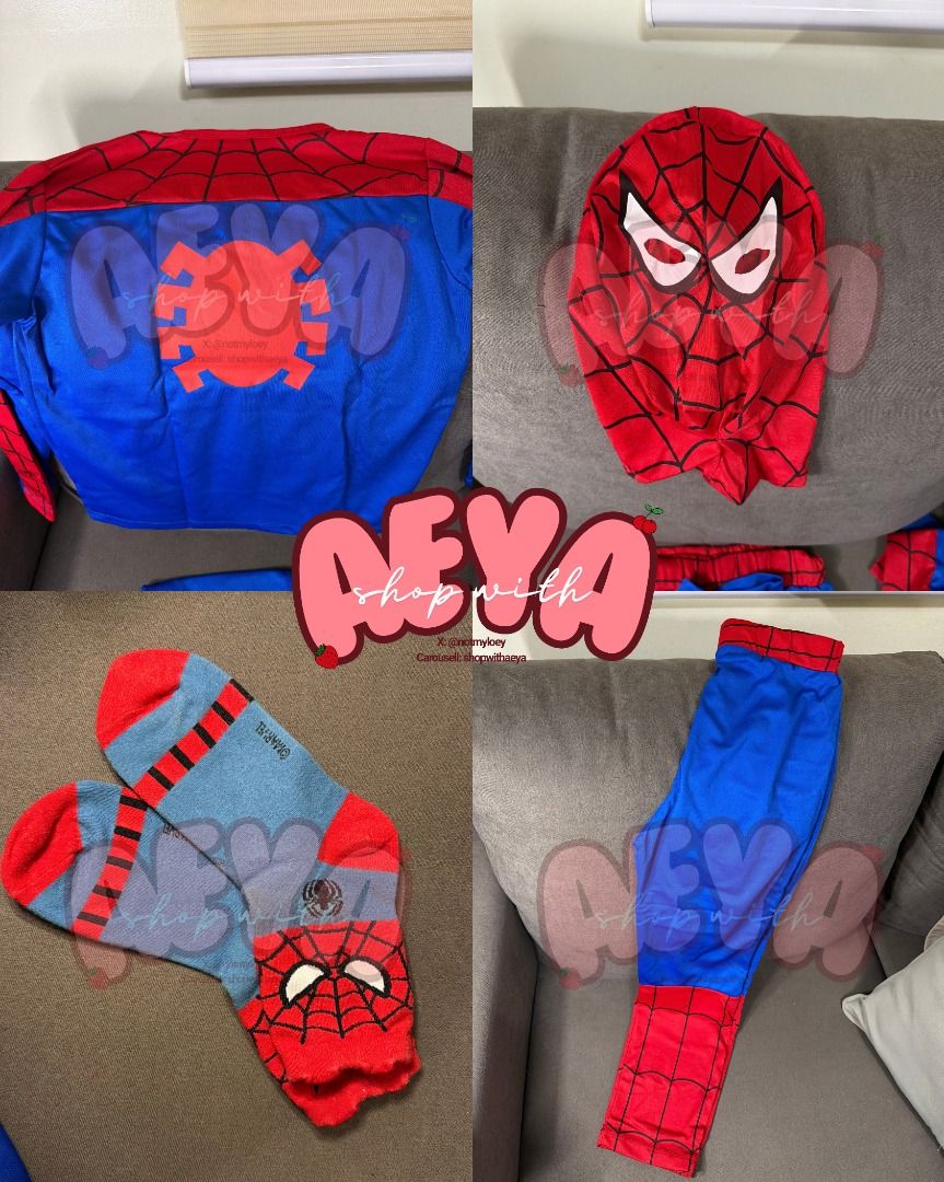Spiderman Halloween Costume (Category: Babies & Kids Fashion) located in Taguig. Submitted by shopwithaeya (Listing ID 1464817260, Image 2). Description: Spiderman Costume in XL -used once -top, bottom, socks (not used), head cover 📐 measurements: 👕shoulder: 13.5 in 👕length (top):19.5 in 👖 waist line: 22 in 👖in-seam: 21 in 👖length from waist to bottom: 31.5 in.