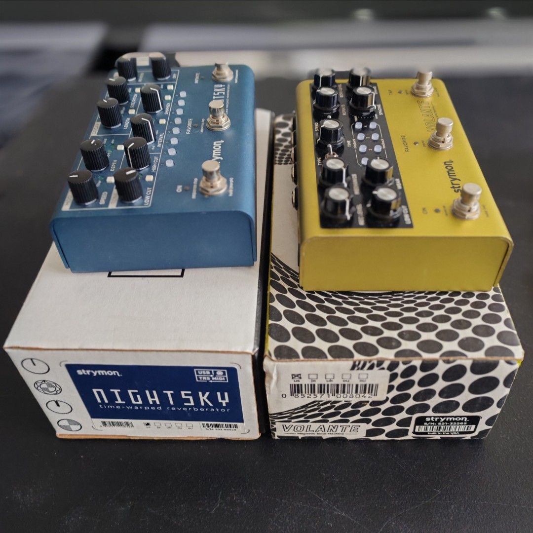 Strymon NightSky & Volante (Category: Musical Instruments) located in Quezon City. Submitted by beastwood (Listing ID 1464787149, Image 2). Description: Strymon NightSky Time-Warped Reverberator and Strymon Volante Magnetic Echo Machine. Both pedals included. Fully working order, clean cosmetic condition overall. Original boxes included for both units. Velcro already attached on the bottom plates for easy pedalboard mounting. Buy them together an