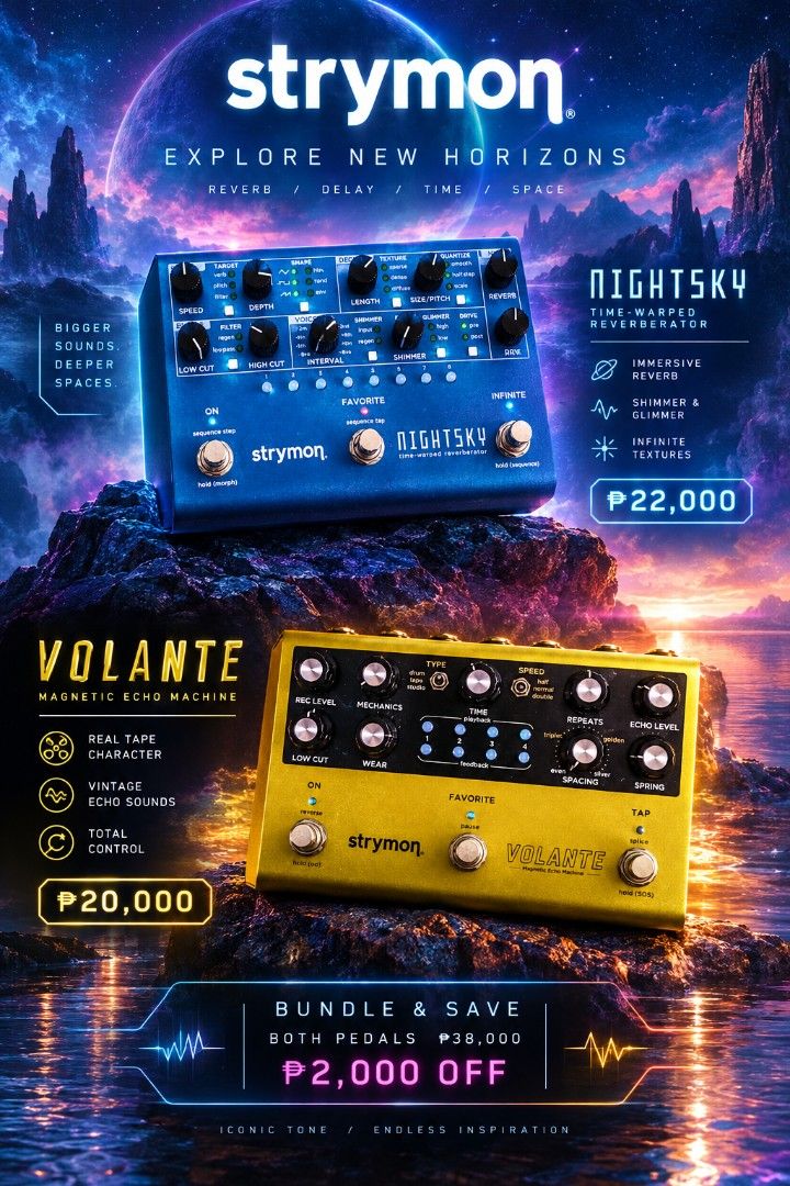 Strymon NightSky & Volante (Category: Musical Instruments) located in Quezon City. Submitted by beastwood (Listing ID 1464787149, Image 1). Description: Strymon NightSky Time-Warped Reverberator and Strymon Volante Magnetic Echo Machine. Both pedals included. Fully working order, clean cosmetic condition overall. Original boxes included for both units. Velcro already attached on the bottom plates for easy pedalboard mounting. Buy them together an
