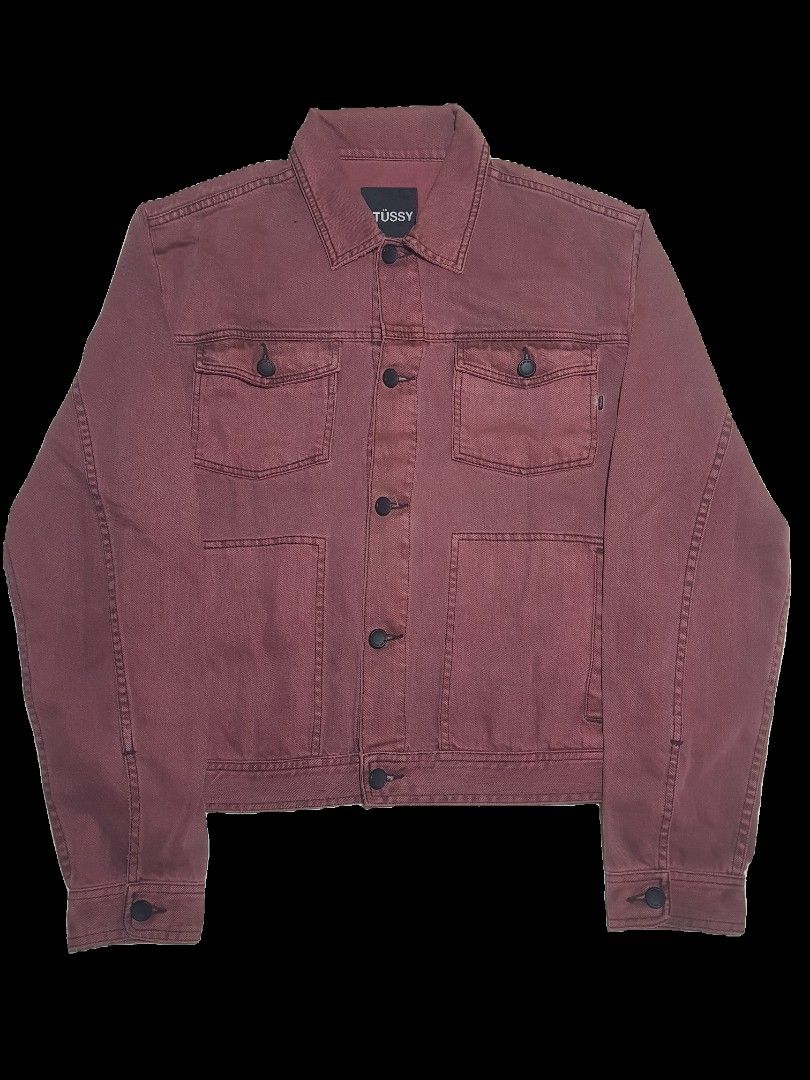 STUSSY DENIM JACKET (Category: Coats, Jackets and Outerwear) located in Manila. Submitted by arttchive (Listing ID 1464924066, Image 1). Description: Stussy Ash red denim polo jacket L on tag Length: 25 Sleeve: 27.5 Width: 21 Color rate: 9/10 Excellent condition ₱4999.00+shipp Available✅.