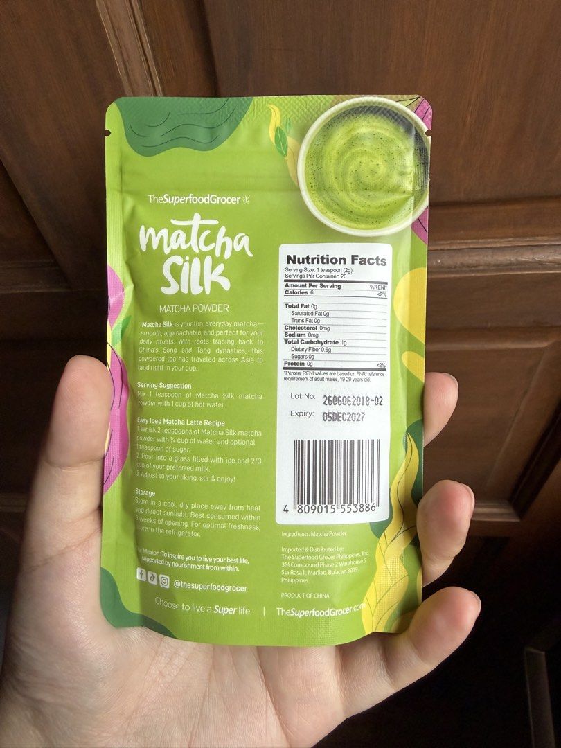 superfood grocer matcha silk (Category: Beverages) located in Quezon City. Submitted by andreasclothes (Listing ID 1464785465, Image 2). Description: exp dec 2027.