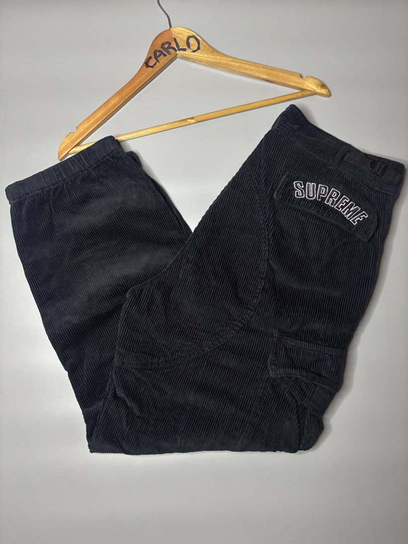 SUPREME x NIKE ARC CORDUROY CARGO PANTS (Category: Joggers) located in Bayambang. Submitted by lo_keythrifting (Listing ID 1464797699, Image 1). Description: - Brand: Supreme x Nike - Condition: Good as new - Waist: 33-34 - Lenght: 38.5 - Color rate: 10/10 - No issue - Item: Corduroy Cargo Pants - Size: Medium - Color: Black - Condition: Brand new / Excellent - Details: Embroidered Supreme lettering on back pocket, Nike swoosh on front cargo pock