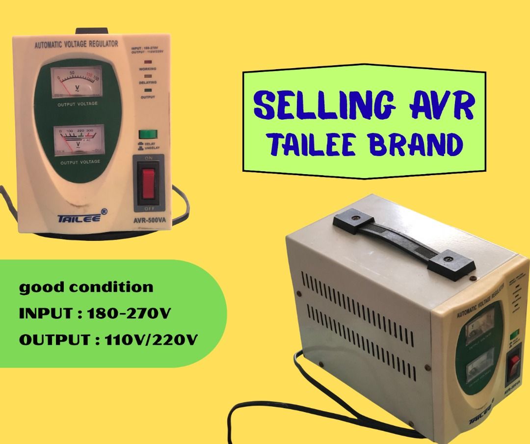 TAILEE Automatic Voltage Regulator AVR-500VA (Category: Electrical, Adaptors & Sockets) located in Imus. Submitted by kolektib.avenue (Listing ID 1464808163, Image 1). Description: Handles 180V-270V input and outputs both 110V and 220V. Features dual analog meters, power cord, and sturdy handle. Ready to use, pwede sa pc niyo (sa lumang Mac ko ginamit dati), and other appliances.