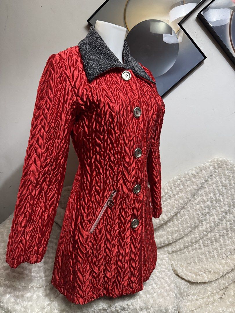 Take More Red Quilted Winter Coat Grey Wool Collar (Category: Coats, Jackets and Outerwear) located in Marikina City. Submitted by lorradel (Listing ID 1464829496, Image 2). Description: Take More red quilted coat with textured chevron pattern. Contrasting grey tweed collar adds warmth. Front button closure and two zippered side pockets. Lined inside. Slim fit silhouette. Nice statement piece for cold weather. ***10292617****.
