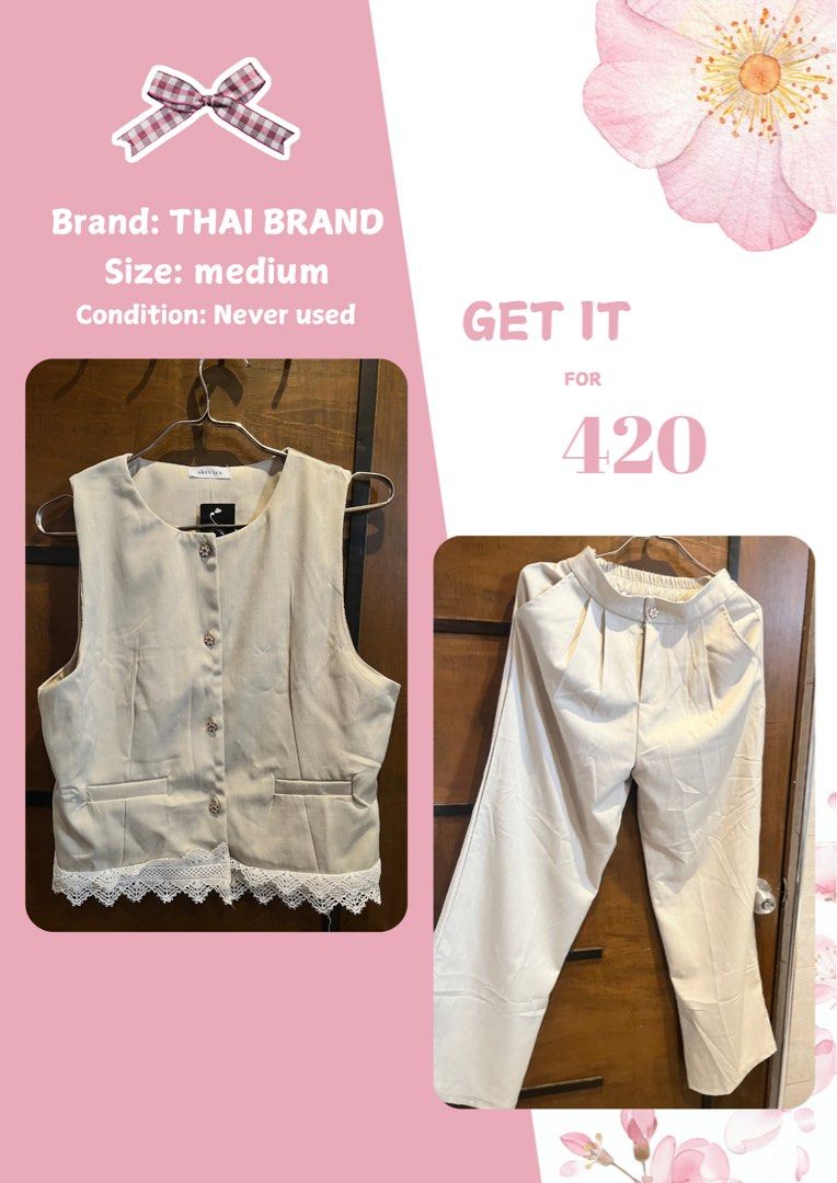 Thai Brand Vest and Pants Set Medium (Category: Sets or Coordinates) located in Las Pinas. Submitted by francesaly (Listing ID 1464795328, Image 1). Description: - Thai brand matching beige vest and trousers set - Size: Medium - Vest: Front button-down closure, decorative buttons, and cute white lace trim - Trousers: High-waist design with stylish front pleats and a comfortable elastic waistband at the back - Versatile neutral color, great to wea