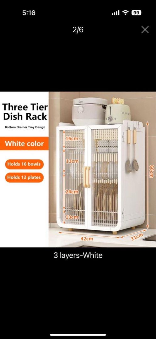 Three Tier White Dish Rack Kitchen Cabinet (Category: Food Organization & Storage) located in Manila. Submitted by iravillone31747 (Listing ID 1464805129, Image 3). Description: Pa dm ako for video, may super minimal dents due to delivery, selling super low.