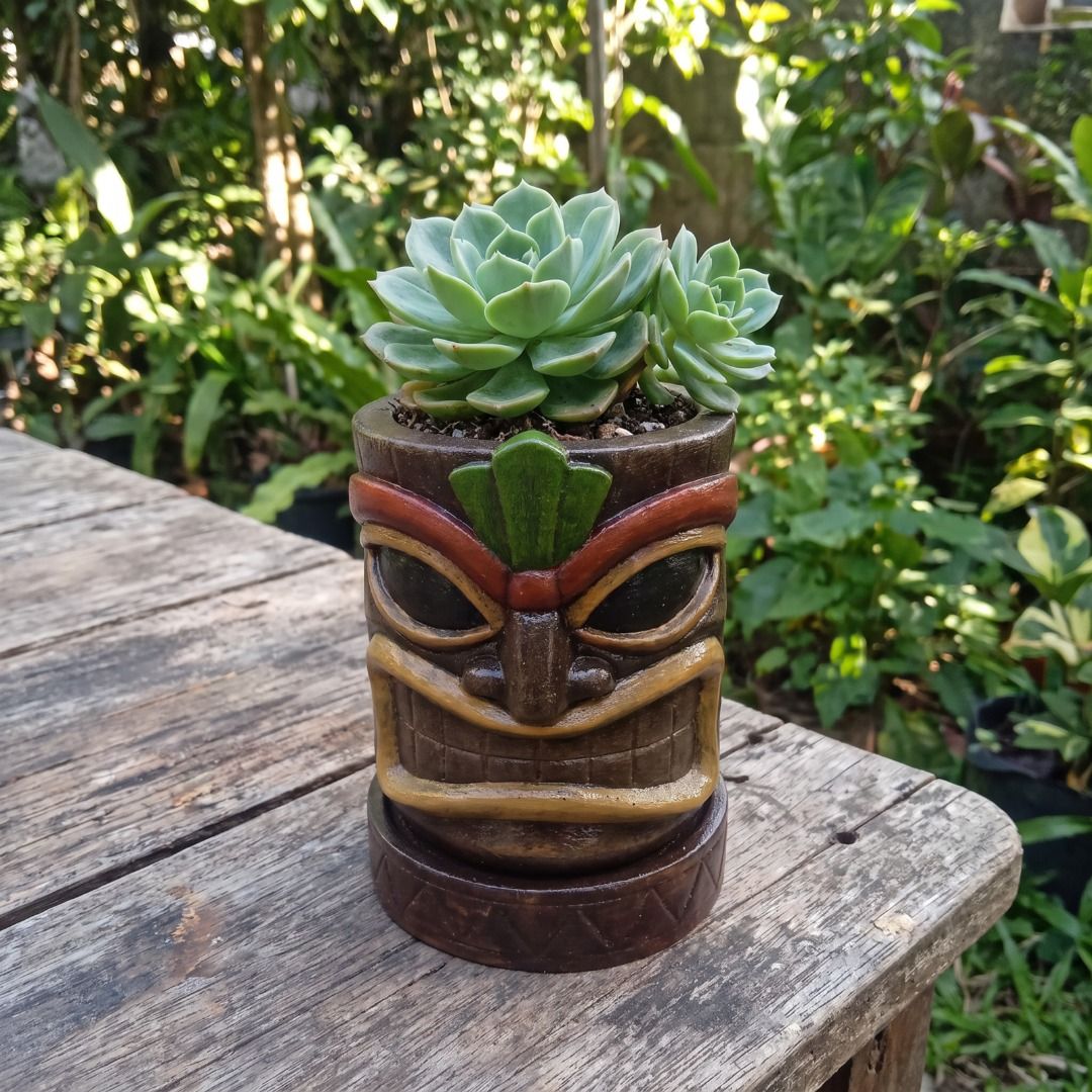Tiki Head Succulent concrete Planter Pot with Base (Category: Pots & Planters) located in Meycauayan. Submitted by muddtree201855 (Listing ID 1464845559, Image 1). Description: A handcrafted Tiki-inspired planter with a bold, expressive face and earthy tribal details. Made from a durable cement and silica sand mix, each piece is carefully painted with acrylic colors and finished with an outdoor sealer for added protection. • Cement & silica sand 