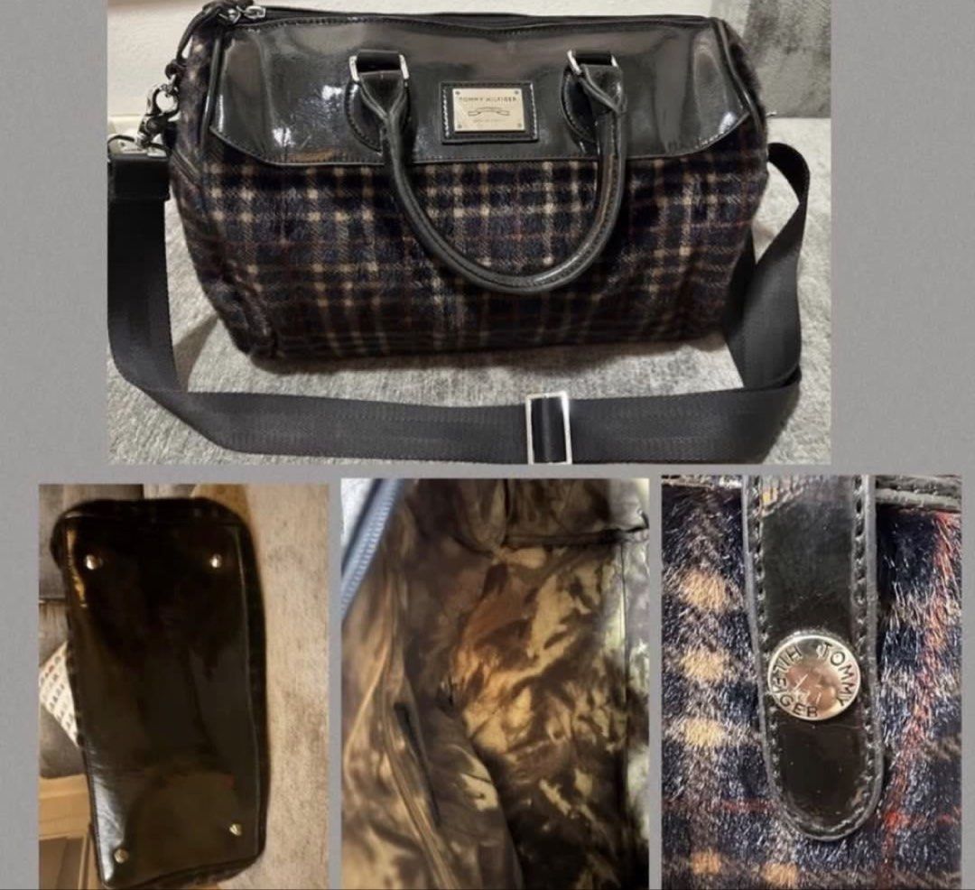 Tommy Hilfiger bag (Category: Shoulder Bags) located in Manila. Submitted by bwshoppe (Listing ID 1464881209, Image 3). Description: - Tommy Hilfiger handbag - Plaid pattern - Black patent leather top - Detachable shoulder strap - Top handle - Unique interior lining - Metal logo plate - Metal feet on the bottom.