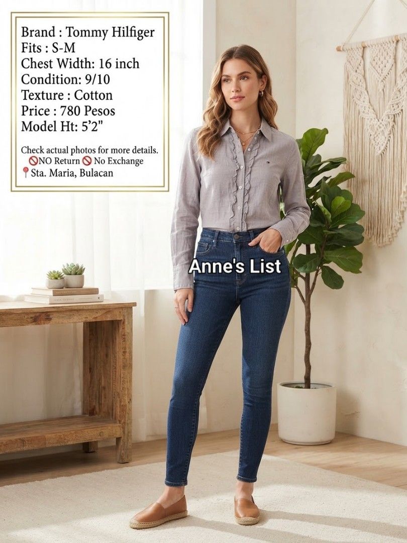 Tommy Hilfiger Ruffled Button-Down Shirt Size S-M (Category: Blouses) located in Santa Maria. Submitted by anne_s.list (Listing ID 1464831882, Image 2). Description: - Brand: Tommy Hilfiger - Style: Long sleeve button-down with front ruffle detail and classic collar - Color: Greyish-brown - Material: 100% Cotton - Fit/Sizing: Chest width measures 16 inches (model is 5'2" for reference) - Policy: Strictly no return, no exchange RFS : Letting go of