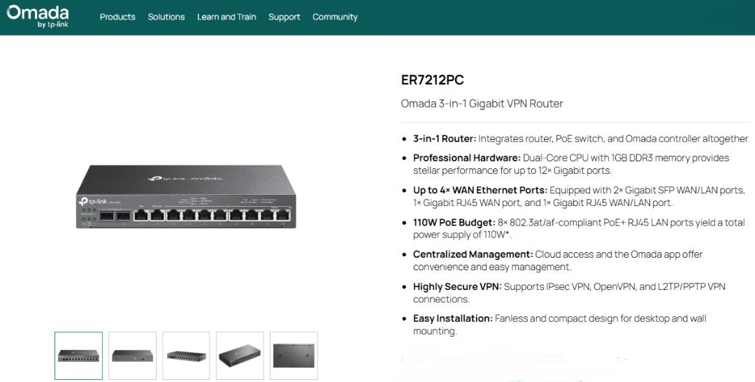 Tp-Link ER7212PC (Category: Networking) located in Zamboanga. Submitted by marmar3k (Listing ID 1464953936, Image 1). Description: Omada 3-in-1 Gigabit VPN Router 3-in-1 Router: Integrates router, PoE switch, and Omada controller altogether to centrally manage up to 1 router, 2 switches, and 10 EAPs. Professional Hardware: Dual-Core 1.2 GHz CPU with 1GB DDR3 memory provides stellar performance for up to 12× Gigabit ports. Up to 4× WAN Ethernet Po