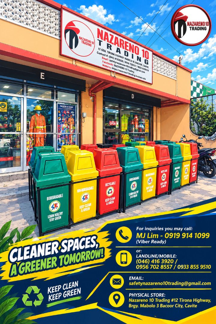 Trash Bin 85L (Category: Looking For) located in Bacoor. Submitted by zealmountain-375a (Listing ID 1464797605, Image 1). Description: Capacity: 85 Liters Dimension: 39.5 x 39.5 x 100 cm Color: Red / Green / Yellow / Blue / Black Material: Typically molded from durable, non-toxic polyurethane or virgin linear high-density polyethylene (LHDPE) equipped with UV stabilizers for outdoor use. (METAL FRAME by 2's/3's SOLD SEPARATELY) Also Available in:
