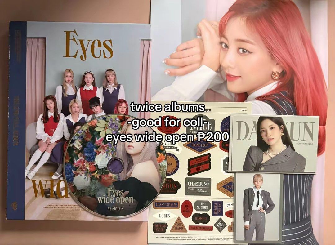 Twice Eyes Wide Open Album (Category: CDs & DVDs) located in Cavite. Submitted by marissa0_0 (Listing ID 1464933151, Image 2). Description: - Album: Twice - Eyes Wide Open - Inclusions: Photobook, CD, stickers, and photocards (as pictured) - Condition: Great addition to any ONCE collection.