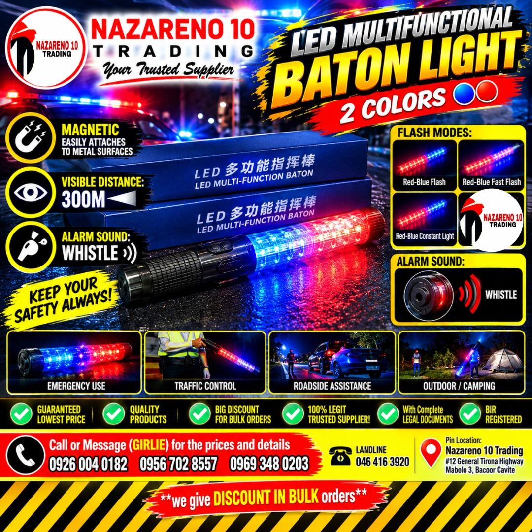 TWO COLORS LED BATON TRAFFIC LIGHT (Category: Everything Else Others) located in Las Pinas. Submitted by itsmegelai.ram (Listing ID 1464777587, Image 1). Description: TRAFFIC BATON ED MULTI FUNCTIONAL 2 COLORS BLUE RED Shell Material: PC Tube + ABS Grip Charger: 110-220V 500mA Battery: 18650 Lithium Battery with Protection Board Magnetic Flash Modes: Red-Blue Flash / Red-Blue Fast Flash / Red-Blue Constant Light / White Light Illumination (Strong
