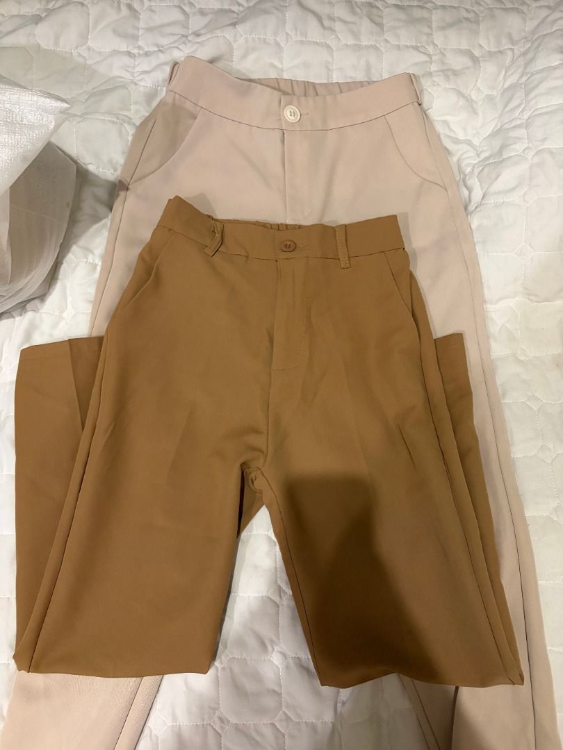High-waisted office trousers brown (Category: Jeans) located in Antipolo. Submitted by renz_1 (Listing ID 1464923543, Image 1). Description: - Classic straight leg fit with structured fabric - Functional features: front button closure, belt loops, and side pockets - Versatile everyday basics, great for office wear or casual outfits - Condition: Excellent (ready to wear!) SMALL size (25-26).