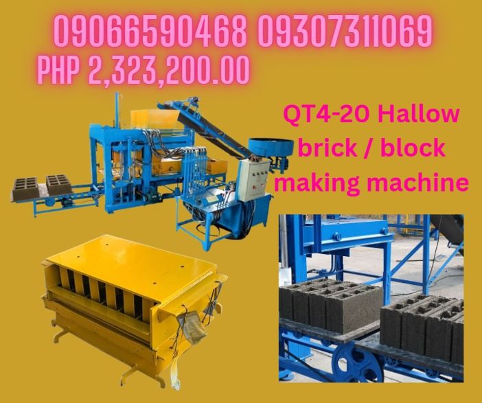 Type Standard /Hollow/pavement QT4-20 hallow block making machine (Category: Looking For) located in Makati City. Submitted by floressara96028 (Listing ID 1464794145, Image 1). Description: Type Standard /Hollow/pavement QT4-20 Power 20.5kw/auto Electrical source 380V/50Hz Cycle 20-25s Carriage Size 900*550*30mm Method Hydraulic Pressure Production Capacity 240*115*53mm 26pcs/mould 240*115*90mm 12pcs/mould 400*200*200mm 4pcs/mould 400*150*200mm 5