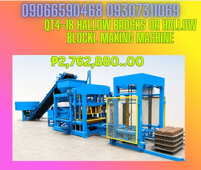Type Standard /Hollow/pavement QT4-18 hallow block making machine (Category: Looking For) located in Caloocan City. Submitted by rochelleflores356-82603 (Listing ID 1464809084, Image 1). Description: Type Standard /Hollow/pavement QT4-18 Power 19kw/auto Electrical source 380V/50Hz Cycle 16-18s Carriage Size 850*550*30mm Method Hydraulic Pressure Production Capacity 240*115*53mm 26pcs/mould 400*240*200mm 3pcs/mould 400*200*200mm 4pcs/mould Overall