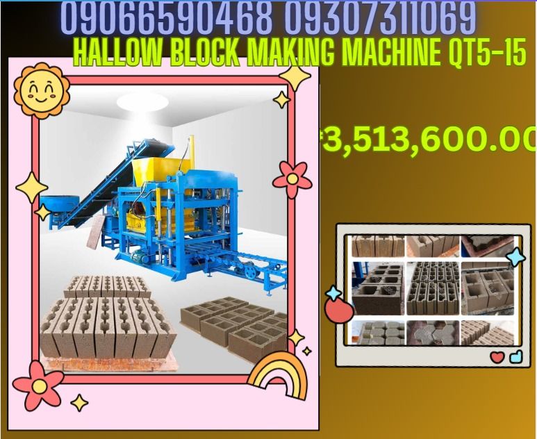 Type Standard /Hollow/pavement QT5-15 hallow block making machine (Category: Looking For) located in Caloocan City. Submitted by cosmiccloud.e1f68b (Listing ID 1464858775, Image 1). Description: Type Standard /Hollow/pavement QT5-15 Power 22kw/auto Electrical source 380V/50Hz Cycle 15-20s Carriage Size 1100*550*25mm Method Hydraulic Pressure Production Capacity 240*115*53mm 32pcs/mould 240*115*90mm 16pcs/mould 400*200*200mm 5pcs/mould 400*150*200