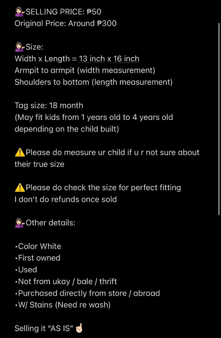 [U] Basics - Children's graphic shirt “FUTURE STAR” (Category: Babies & Kids Fashion) located in San Juan City. Submitted by ttanmien (Listing ID 1464783226, Image 2). Description: ⚜️✨⚜️✨⚜️✨⚜️✨⚜️✨⚜️ 💁🏻‍♀️SELLING PRICE: ₱50 Original Price: Around ₱300 💁🏻‍♀️Size: Width x Length = 13 inch x 16 inch Armpit to armpit (width measurement) Shoulders to bottom (length measurement) Tag size: 18months (May fit kids from 1 year old to 4 years old dependi