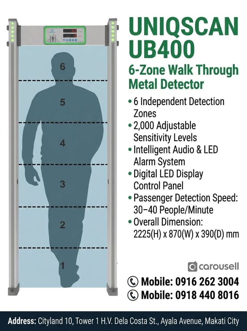 ub400 walk through metal detector for establishments (Category: Security Systems & CCTV Cameras) located in Makati City. Submitted by one-shop.mkt (Listing ID 1464774981, Image 1). Description: 1. 6 detecting zones 2. Sensitivity :2000 levels 3.calibration : Automatic when power on 4. Control Panel: Digital LED Display 5. Access Control : Button Panel 3. Alarm Indicator: LED lamp light and sound 4. People and alarm count display on LED screen 5. 