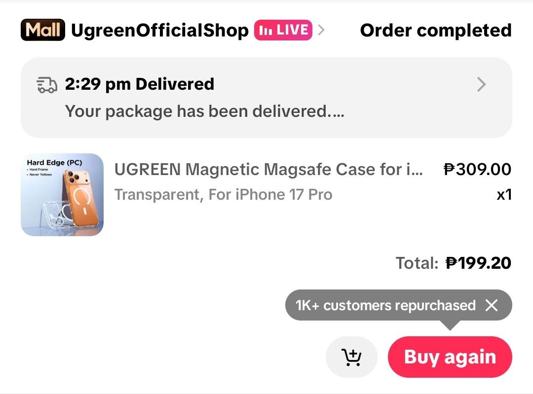 UGREEN TRANSPARENT MAGSAFE CLEAR CASE FOR IPHONE 17 PRO (Category: Other Mobile & Gadget Accessories) located in Abucay. Submitted by chykartz (Listing ID 1464953287, Image 3). Description: binuksan lang and tried once with plastic pa.