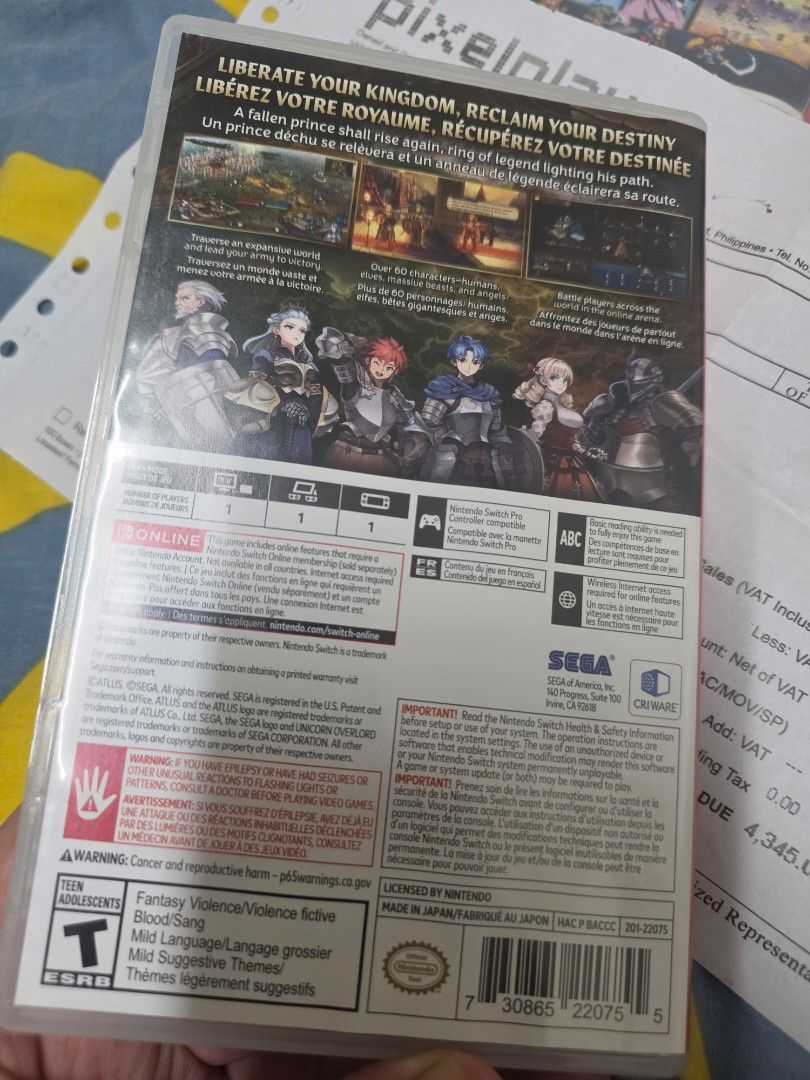Unicorn Overlord Nintendo Switch Game (Category: Nintendo) located in Quezon City. Submitted by ceejayem (Listing ID 1464885307, Image 2). Description: Unicorn Overlord for Nintendo Switch. Physical cartridge and original case included. ESRB Teen rating, published by Atlus. Tested, works properly. Case has minor shelf wear..