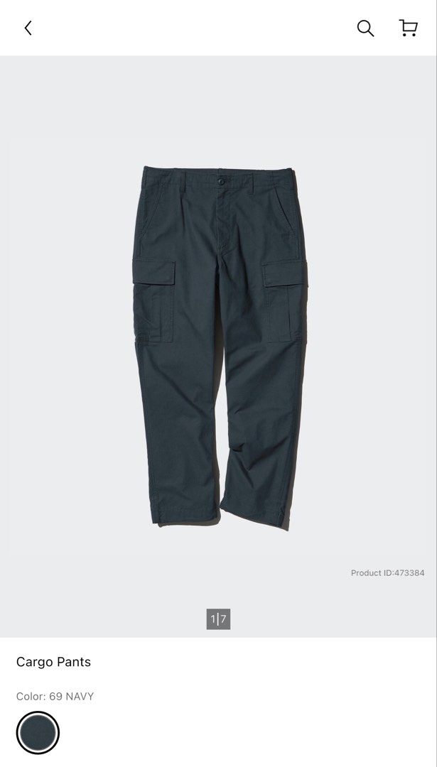 Uniqlo Cargo Pants Navy small (Category: Trousers) located in Quezon City. Submitted by q96wh2z4d9 (Listing ID 1464901084, Image 1). Description: - Brand: Uniqlo USED - Color: Dark Navy Blue - Style: Classic utility cargo pants with relaxed fit - Features: Side flap pockets and adjustable drawstring waist - Sizing: Refer to the attached tag for specific sizing details.
