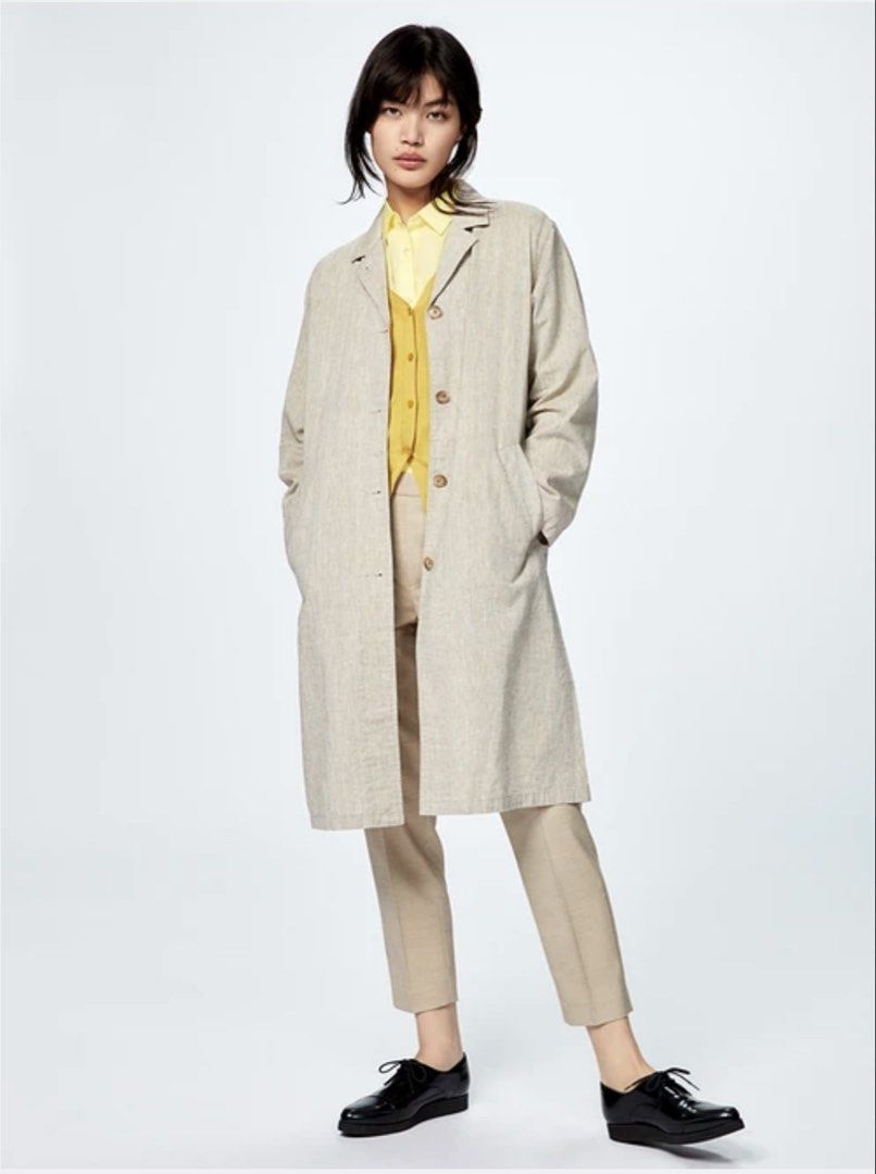 Uniqlo Linen Blend Coat (Category: Coats, Jackets and Outerwear) located in Cavite. Submitted by yakultjeni85475 (Listing ID 1464965603, Image 2). Description: Uniqlo linen blend coat in beige. Product number 414196. Long sleeve, single breasted with buttons down the front. Lapel collar and side pockets. Lightweight fabric, great layer for transitional weather. Neutral tone goes with everything..