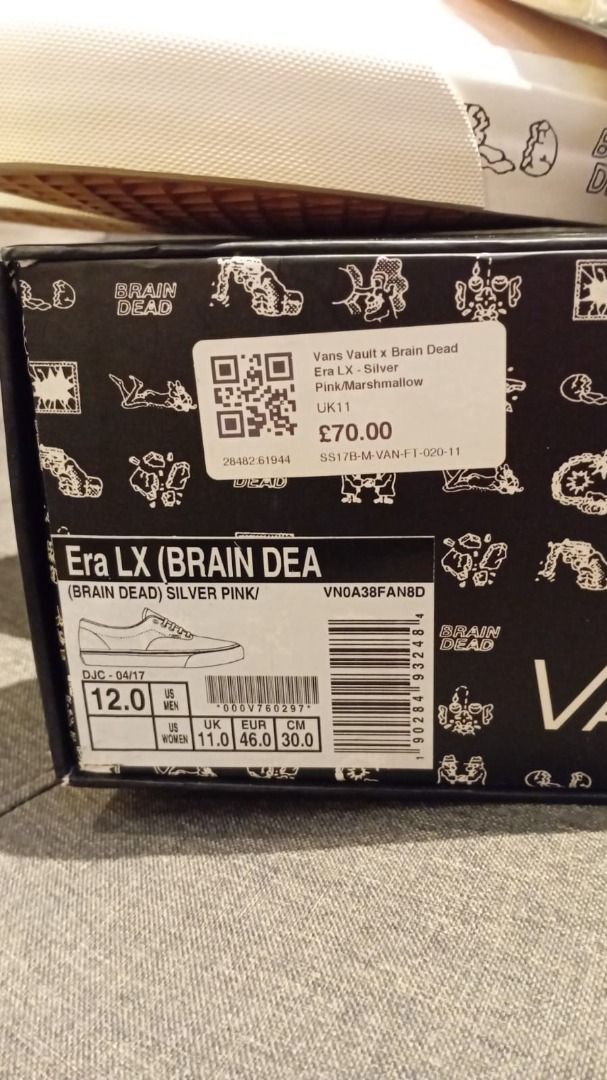Vans Vault x Brain Dead Era LX Silver Pink (Category: Sneakers) located in Makati City. Submitted by winsell76 (Listing ID 1464817782, Image 3). Description: - Brand: Vans Vault x Brain Dead - Model: Era LX - Colorway: Silver Pink / Marshmallow - Size: US Men 12 / UK 11 / EUR 46 / CM 30 - Condition: Brand new, unworn, in original custom box with packaging paper - Features: Unique graphic prints on the midsole and upper - Inclusions: Extra sets of