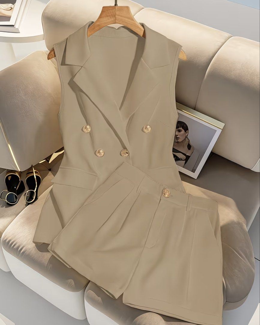 Vest and Shorts (Category: Sets or Coordinates) located in Manila. Submitted by signatureessentialsph (Listing ID 1464936639, Image 1). Description: Lapel Vest with Shorts Set Size: Small-Medium Dm if interested 📩 Available Check out via Tiktok J&T Express Lalamove.