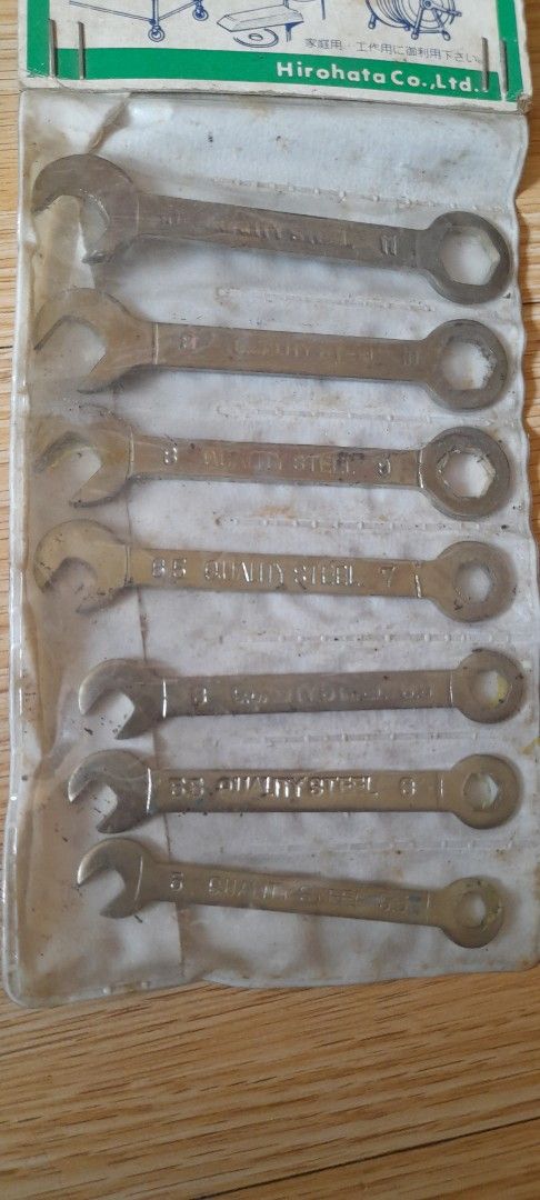 Vintage Hirahata Mini Spanner Wrench Set (Category: Construction Tools & Equipment) located in Bocaue. Submitted by marajapansurplus (Listing ID 1464804788, Image 3). Description: - Authentic retro Japanese mini spanner set by Hirahata Co. - Includes 8 pieces for tiny nuts, bolts, and hard-to-reach tight spaces - Comes complete in the original storage pouch and box - Packaging features charming vintage wear and original price sticker - Tools stor