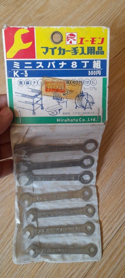Vintage Hirahata Mini Spanner Wrench Set (Category: Construction Tools & Equipment) located in Bocaue. Submitted by marajapansurplus (Listing ID 1464804788, Image 1). Description: - Authentic retro Japanese mini spanner set by Hirahata Co. - Includes 8 pieces for tiny nuts, bolts, and hard-to-reach tight spaces - Comes complete in the original storage pouch and box - Packaging features charming vintage wear and original price sticker - Tools stor