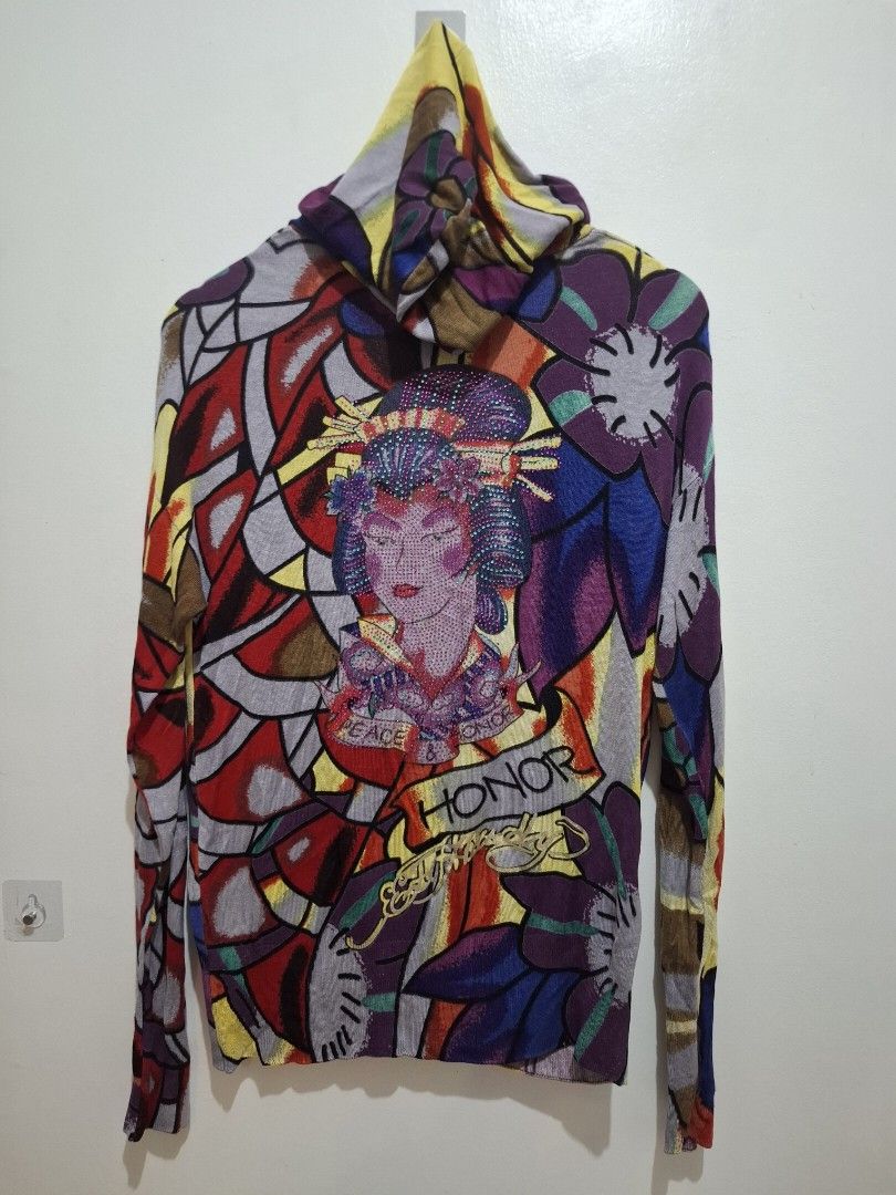 Vintage y2k ed hardy AOP (Category: Coats, Jackets and Outerwear) located in Tarlac. Submitted by christopher.24 (Listing ID 1464878816, Image 1). Description: xs on tag fit mens small to med womens large.