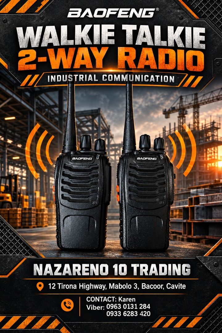 WALKIE TALKIE 2 WAY RADIO (Category: Looking For) located in Bacoor. Submitted by kajezame.2021 (Listing ID 1464802647, Image 1). Description: WALKIE TALKIE 2 WAY RADIO For More Details and Discount Contact Ms. Karen NAZARENO 10 TRADING 0963 0131 284 0933 6283 420 0956 7028 557 0933 8559 510 Landline: Look for Ms. Karen (046 ) 416 3920 Also available: • Traffic cone • Parking Block stopper • Hooded trash bin • Road Plastic Barrier • Spill boom • 