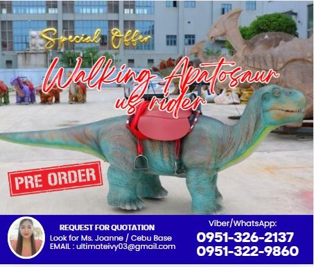 Walking Apatosaur us rider (Category: Figurines & Statues) located in Caloocan City. Submitted by joanna165_ocean (Listing ID 1464858973, Image 1). Description: Main Materials 1.Carbon steel mechanical structure; 2.Domestic first-line brush motor; 3.High density Movements 1.Mouth open and close synchronized with dinosaur sound 2.head up and down- left to right 3.walking Weight : 130kg Size(L×W×H)/M : L=3m×W=0.7m× H=1.4m ✅ 100% LEGIT TRUSTED SUPPL