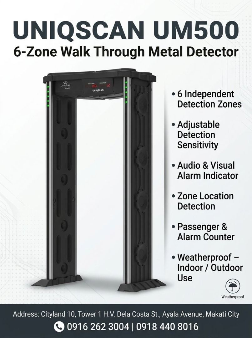 Walk-through metal detector (Category: Security Systems & CCTV Cameras) located in Makati City. Submitted by one-shop.mkt (Listing ID 1464583234, Image 1). Description: UNIQSAN UM500 - 6-Zone Walk Through Metal Detector * 6 independent detection zones * 2,000 adjustable sensitivity levels * Intelligent audio & led alarm system * Passenger detection speed: 30-40 people per minute * Overall Dimension: 2225 (H) x 870 (W) x 390 (D) mm .