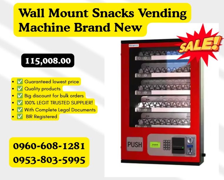Wall Mount Snacks Vending Machine Brand New (Category: Everything Else Others) located in Caloocan City. Submitted by boldhawk_09f8ee (Listing ID 1464777465, Image 1). Description: ● Description : 1 Waterproof steel cabinet, front door open design. 2 Module design, easy installation and maintenance. 3 Extra-lager merchandise viewing window. 4 Computerized vend and sales record. 5 5 adjustable delivery channels. 6 Suitable for 5 kinds of goods. 7 