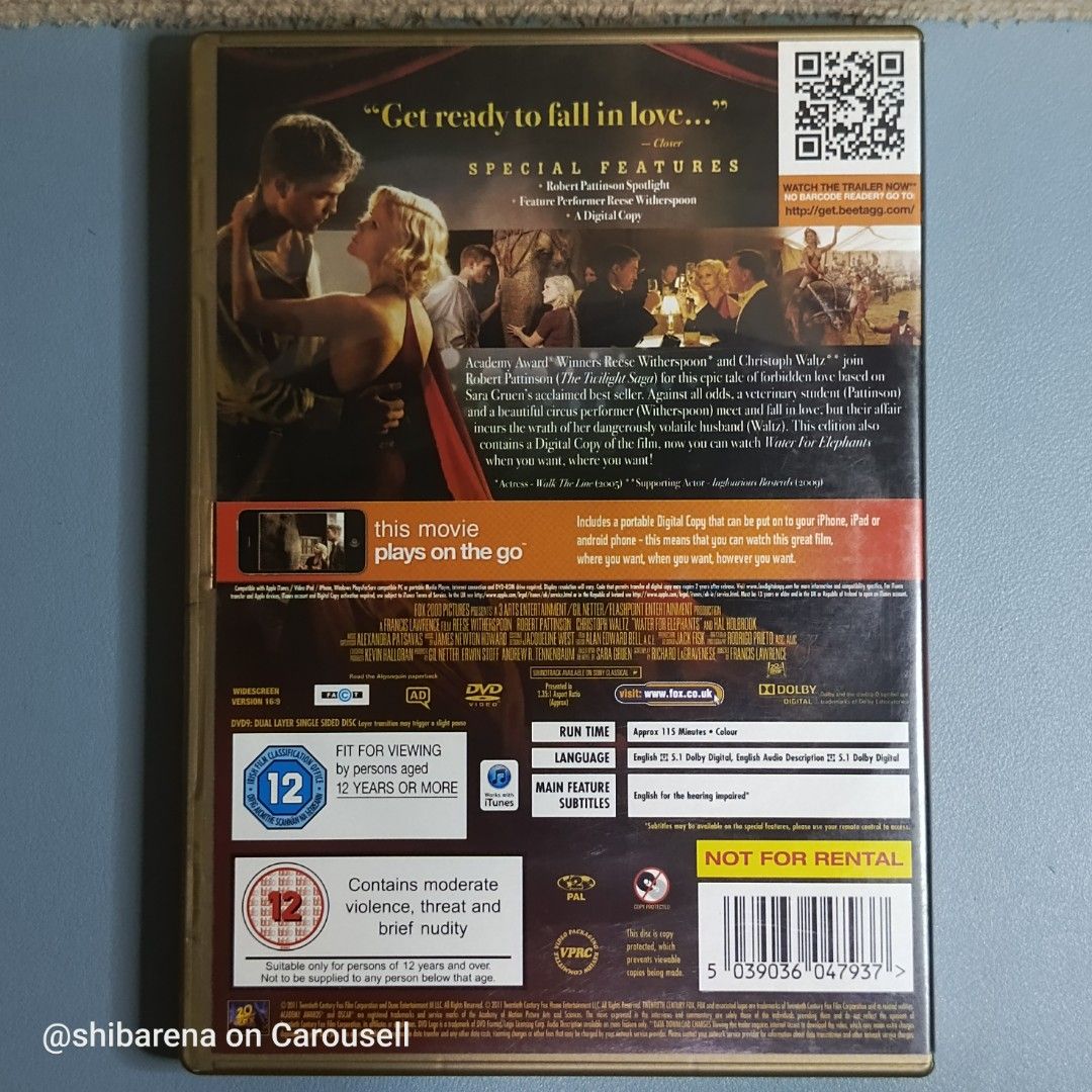 Water for Elephants DVD - Region 2 PAL (Category: CDs & DVDs) located in Cebu City. Submitted by shibarena (Listing ID 1464880498, Image 2). Description: - Water for Elephants DVD - Region 2 PAL (Pre-owned) - Starring Reese Witherspoon, Robert Pattinson and Christoph Waltz ⚠️ Please ensure your DVD player supports Region 2 (PAL) before purchase..
