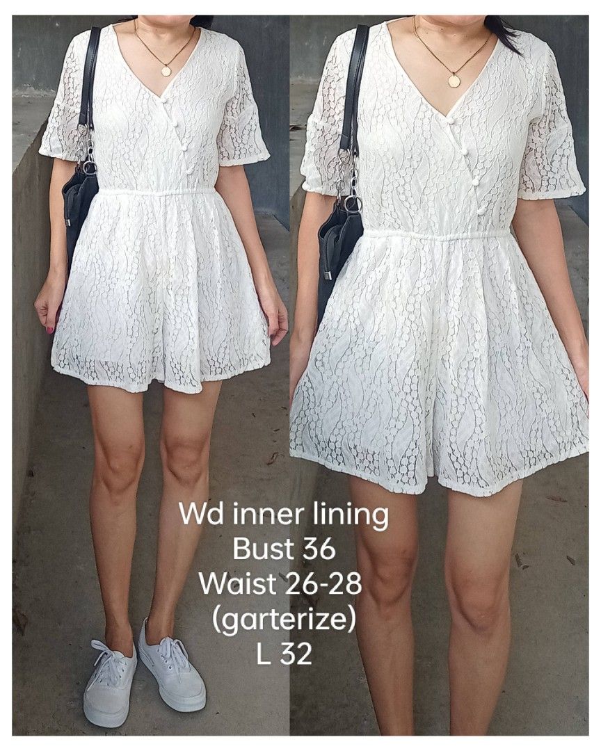 White lace jumpshort (Category: Jumpsuits) located in Davao. Submitted by kannikasok1987 (Listing ID 1464782011, Image 1). Description: Wd inner lining Bust 36 Waist 26-28 (garterize) L 32 good as new.