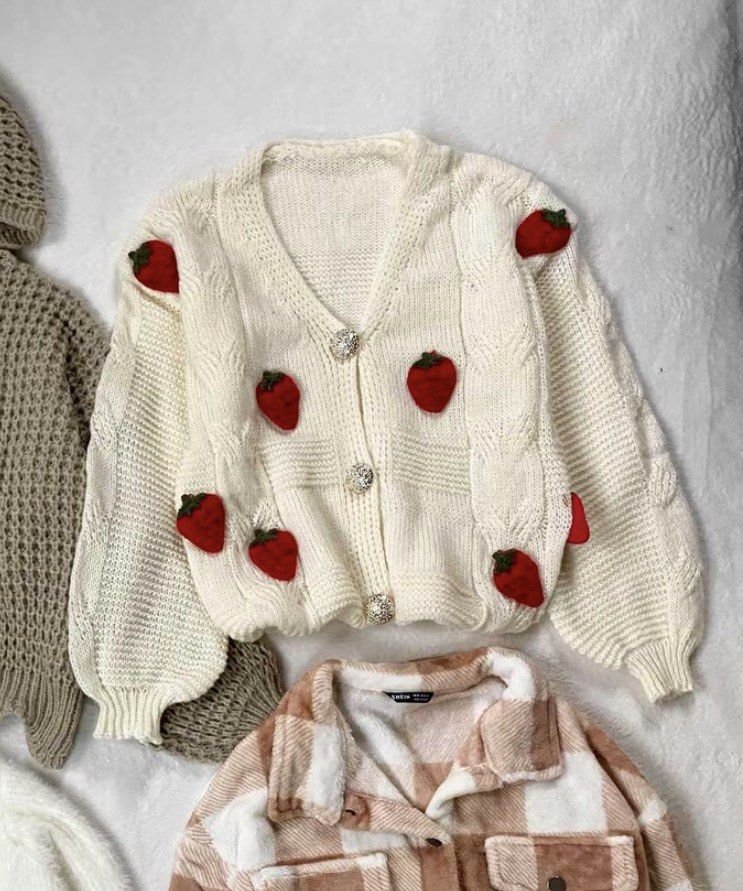 White Strawberry Knit Cardigan (Category: Coats, Jackets and Outerwear) located in Bacacay. Submitted by meowmeowkitti (Listing ID 1464880331, Image 1). Description: - Color: Cream white rfs - barely wear it SIZE M.