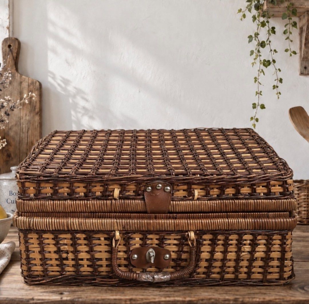 Wicker Large Suitcase Picnic Style Hamper (Category: Other Home Decor) located in Quezon City. Submitted by handpickedecors (Listing ID 1464879291, Image 1). Description: Wicker Large Suitcase Picnic Style Hamper 🏷️ 460.00 Size: 8”H x 17”L x 12”W *needs cleaning, loose rattans, breakage on handle.