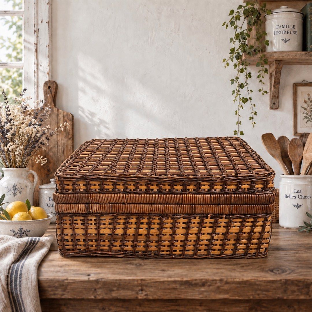 Wicker Large Suitcase Picnic Style Hamper (Category: Other Home Decor) located in Quezon City. Submitted by handpickedecors (Listing ID 1464879291, Image 2). Description: Wicker Large Suitcase Picnic Style Hamper 🏷️ 460.00 Size: 8”H x 17”L x 12”W *needs cleaning, loose rattans, breakage on handle.
