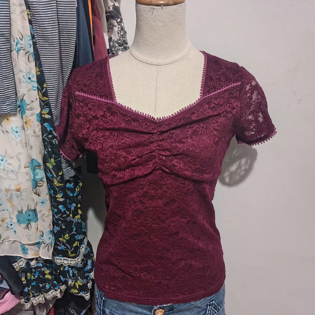 Wine red lacey short sleeve top (Category: Blouses) located in Tarlac. Submitted by yohfinds (Listing ID 1462789267, Image 3). Description: please refer to medida sizing. bust : 34-38 | length : 22 | brand : image rouge condition : good qual like new WHEN WORN INCLUDED.